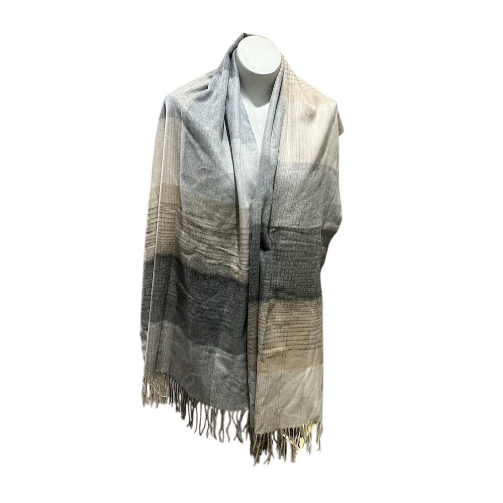 Fraas Women's Striped Fringe Scarf Shawl Gray Beige Neck Warmer Fall